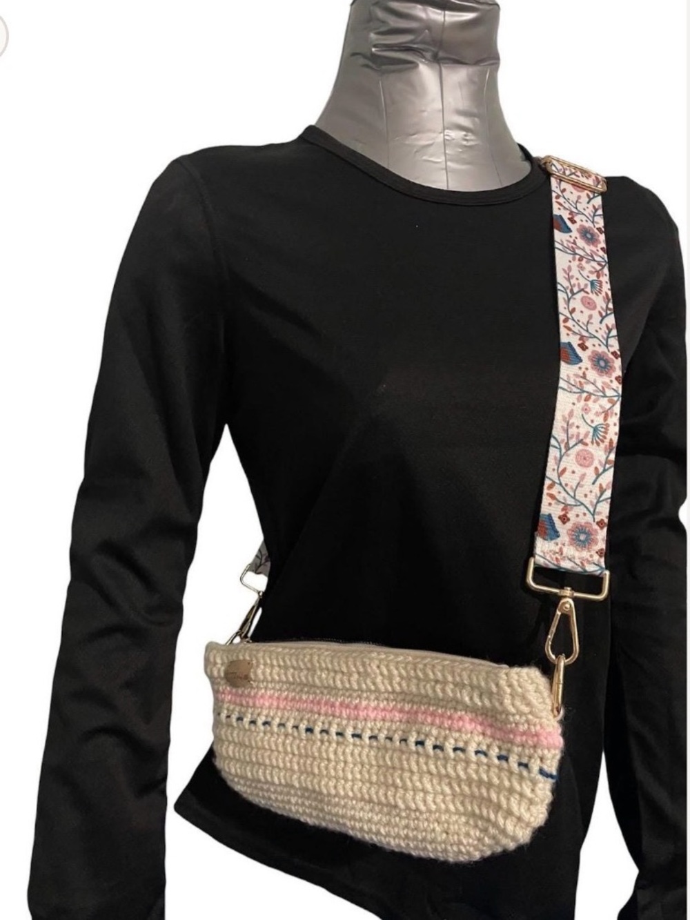 Hand Crafted Cream Woven Crossbody with Floral Strap
